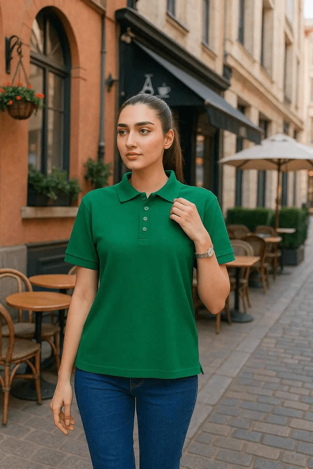 Emerald Green Slim-Fit Polo with Denim Features